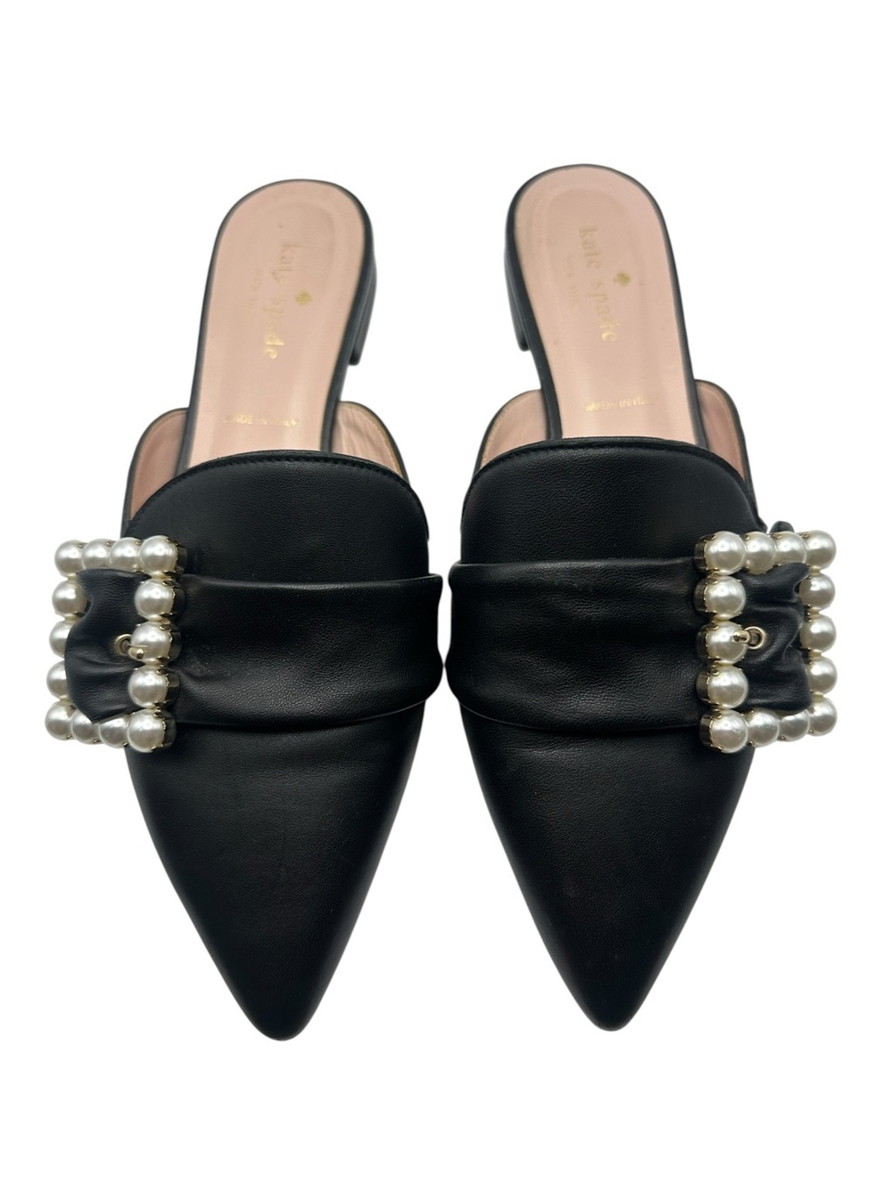 Kate Spade Broadway Pearl-Embellished Black Leather Mules
